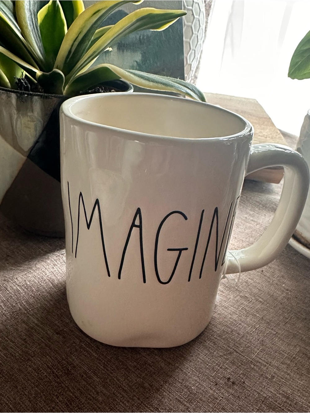 Rae Dunn White Ceramic Mug with 'IMAGINE' Black Lettering
